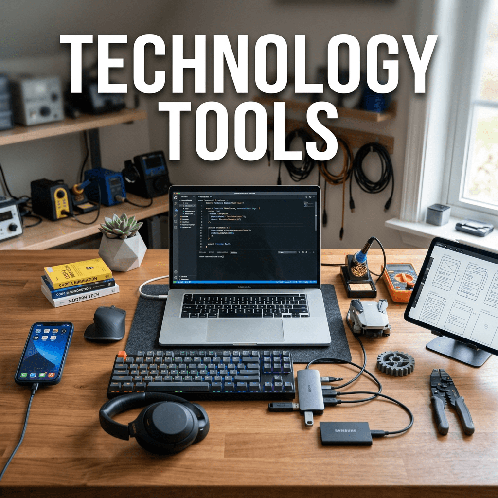 Laptop displaying code, smartphone, keyboard, tablet wireframe, headphones, and electronic tools on desk